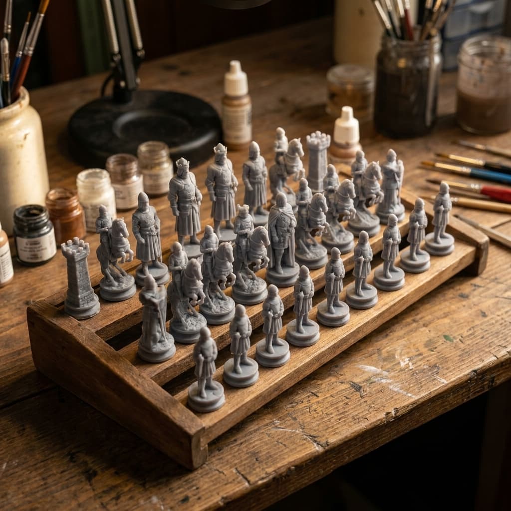 Drying rack of unpainted chess figurines in the atelier