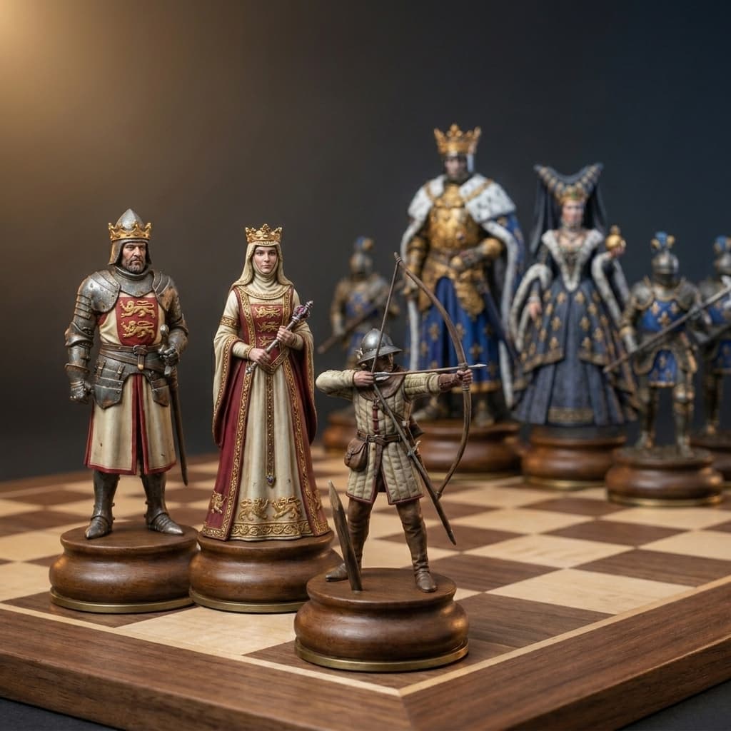 Complete Agincourt chess set on the solid wooden board, dramatic side light