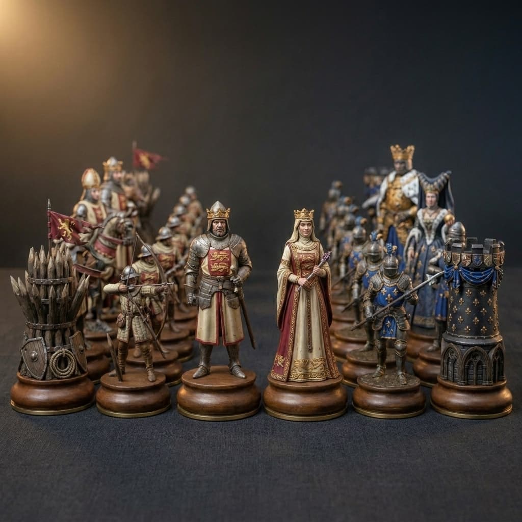The Armies kit — all 32 hand-painted Agincourt chess pieces arranged for display