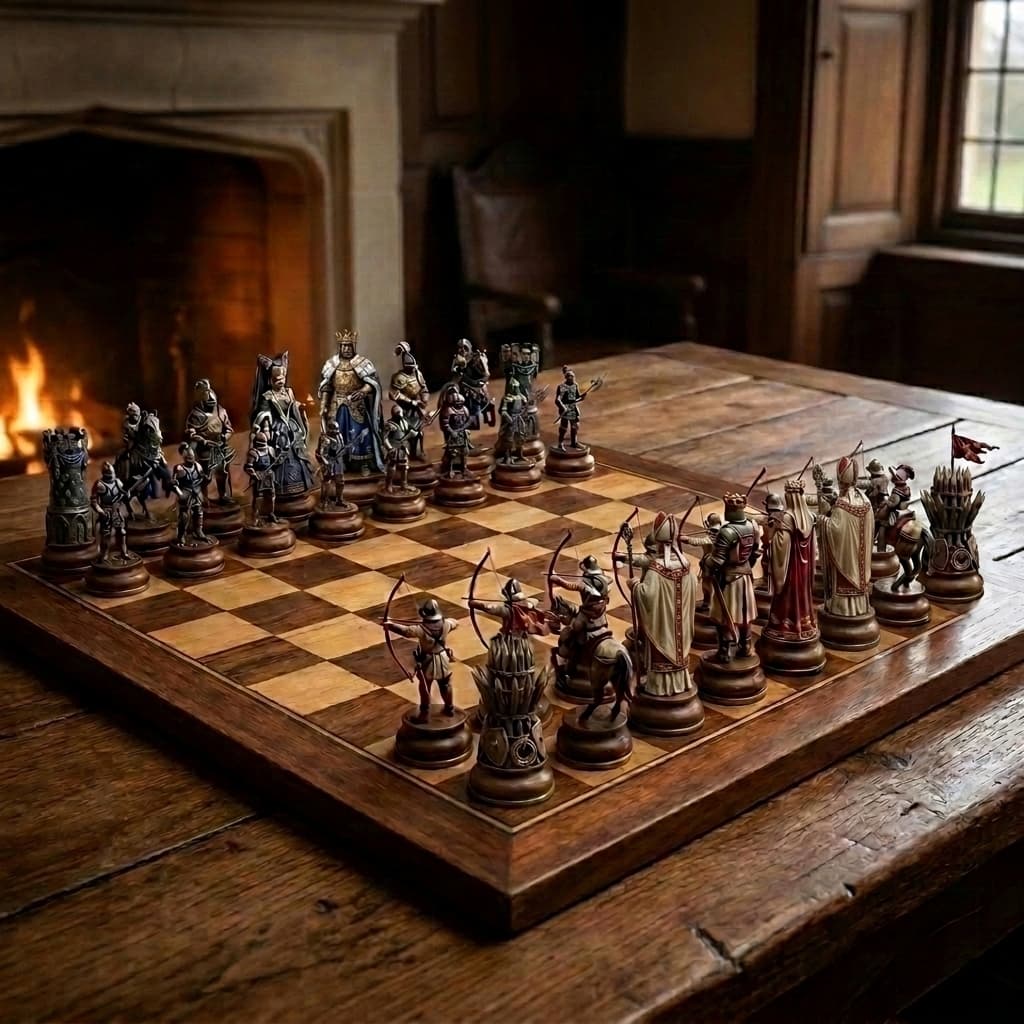 The Complete Set — Agincourt chess pieces on the solid wooden board with the Battle Chronicle booklet
