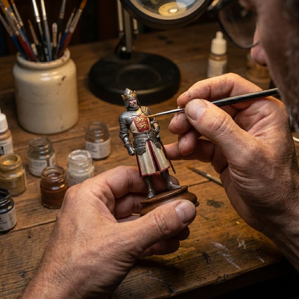 Artisan hands painting the English king chess piece