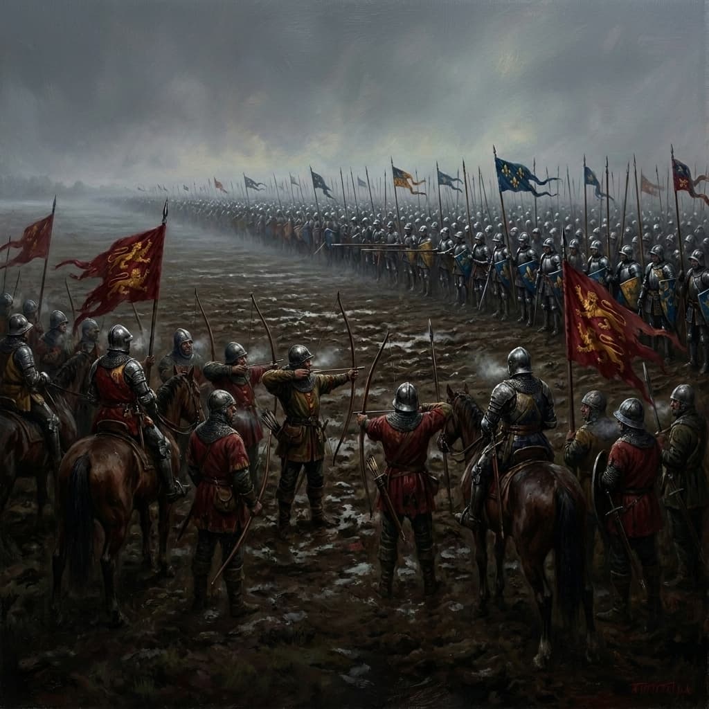 Henry V's exhausted army facing the French host at dawn, St Crispin's Day 1415