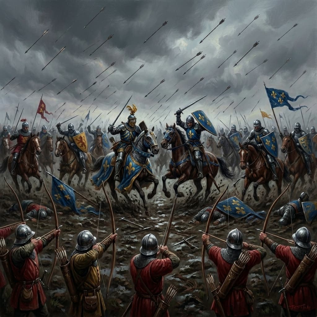 The arrow storm — English longbow volleys darkening the sky over Agincourt