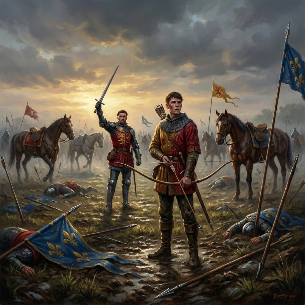 The mud of Agincourt — fallen French knights before the English line